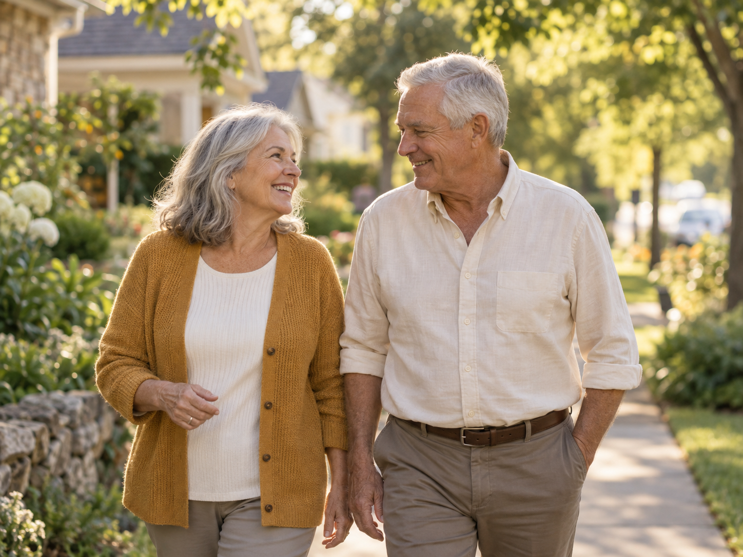 Older couple walking in their neighborhood