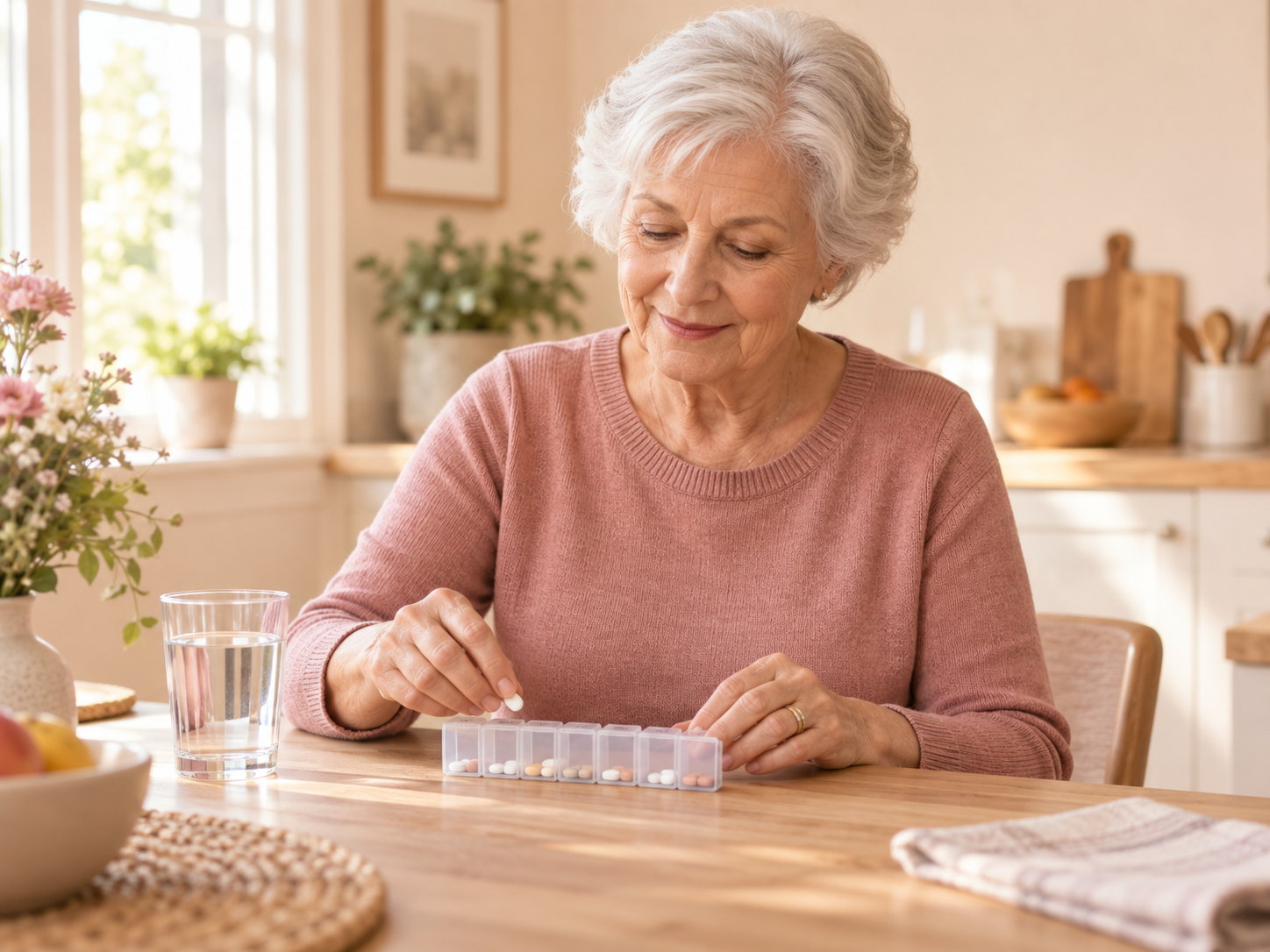 Woman filling a weekly pill planner at home